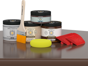 Retique It® Wood'n Kit Java exterior top coat applied to a wooden table, showcasing a glossy finish on the wood surface.