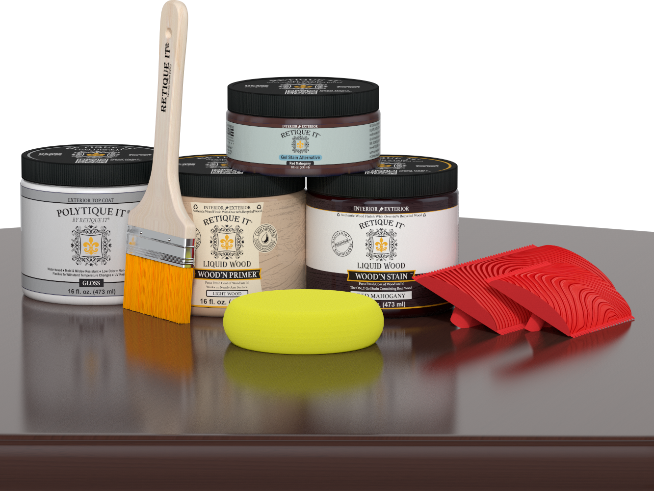 Retique It® Wood'n Finish Kit in Red Mahogany, exterior top coat applied to a wooden table to enhance durability and natural grain.