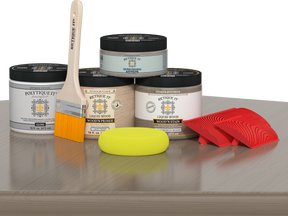 Retique It® Wood'n Finish Kit in Weathered Wood for exterior top coating, showing a close-up of the weathered wood surface.