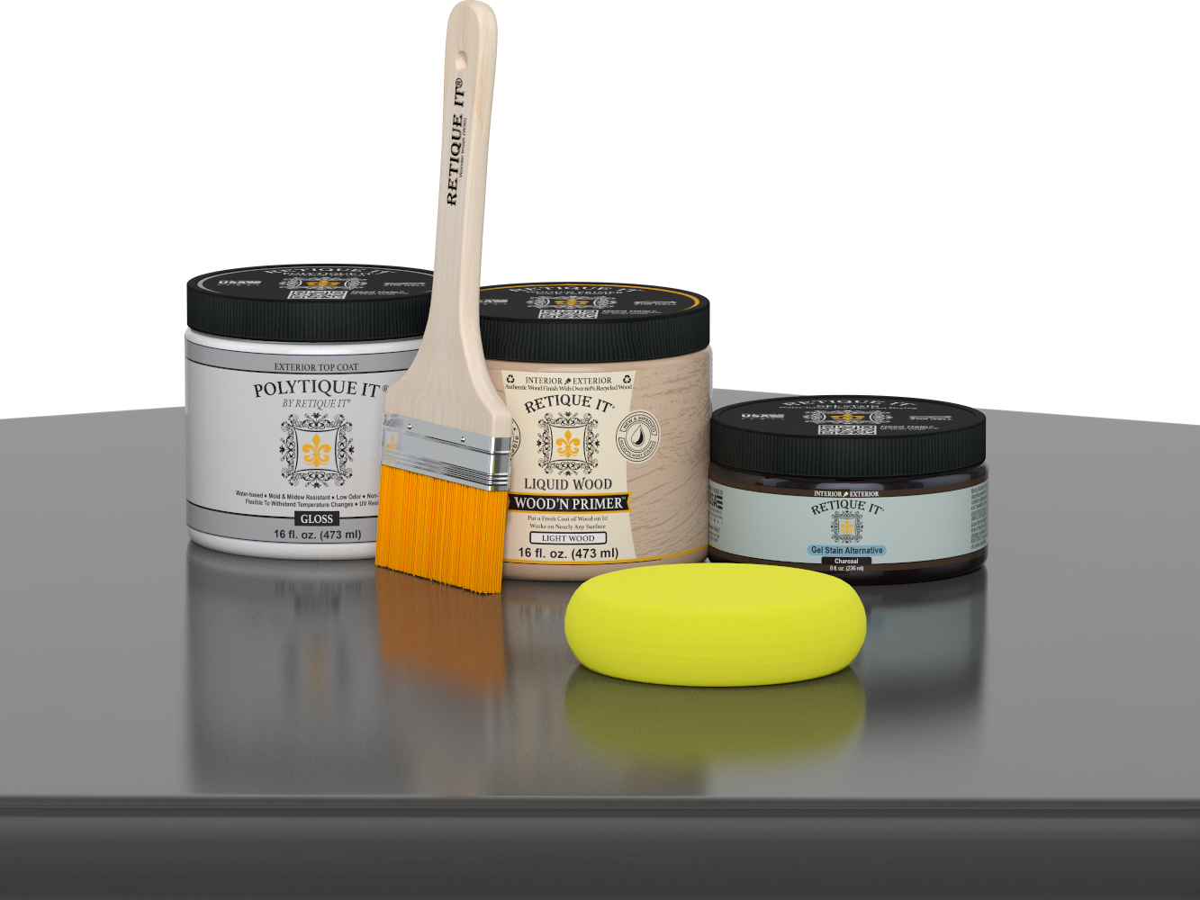 Retique It® Charcoal Brush-On Kit with Gloss PolyTique® includes a brush, Light Wood primer, Charcoal Gel Stain Alternative, Gloss PolyTique® top coat, and a yellow sponge.