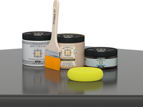 Retique It® Charcoal Brush-On Kit with Gloss PolyTique® includes a brush, Light Wood primer, Charcoal Gel Stain Alternative, Gloss PolyTique® top coat, and a yellow sponge.