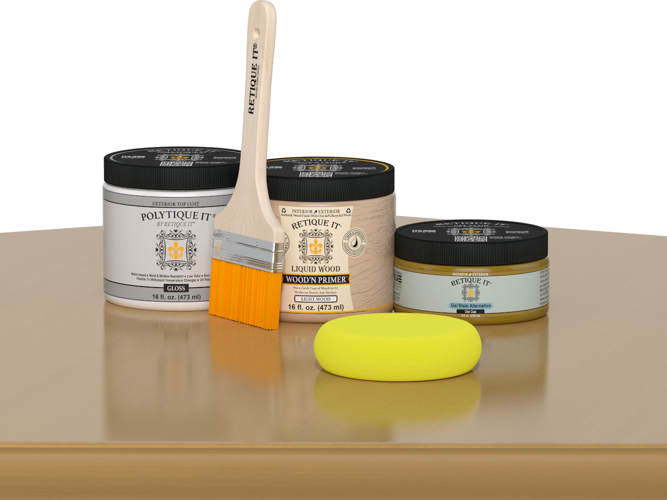 Retique It® Old Oak Brush-On Kit with Gloss PolyTique® includes a brush, Light Wood primer, Old Oak Gel Stain Alternative, Gloss PolyTique® top coat, and a yellow sponge.