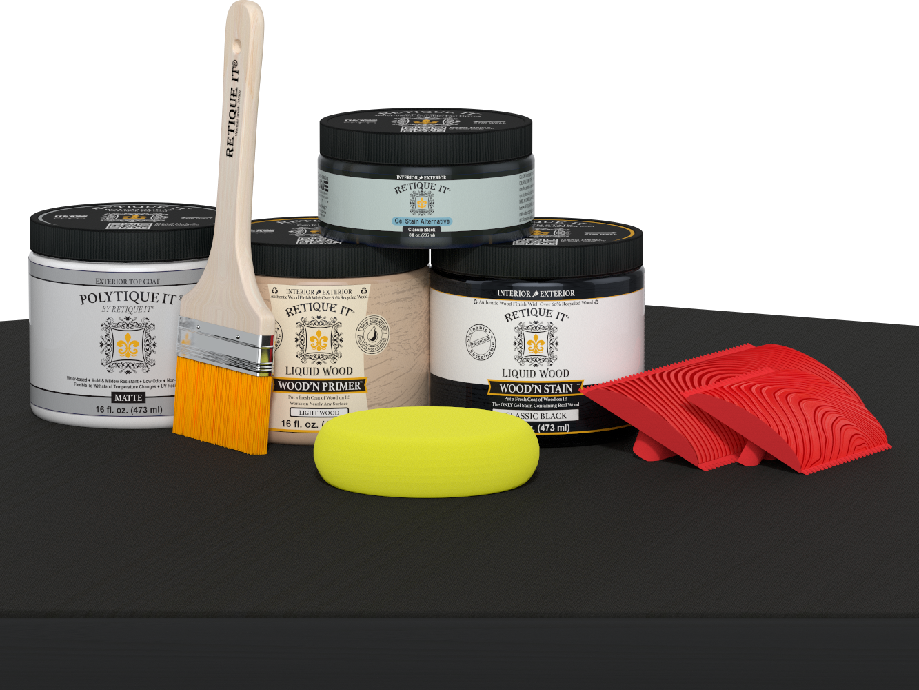 Retique It® Multi-purpose Smooth Finish Kit in Classic Black for wood exterior top coat, shown on a table surface.