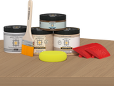 Retique It® Wood'n Finish Kit in Pickled Oak for exterior wood projects, matte top coat on a table surface.