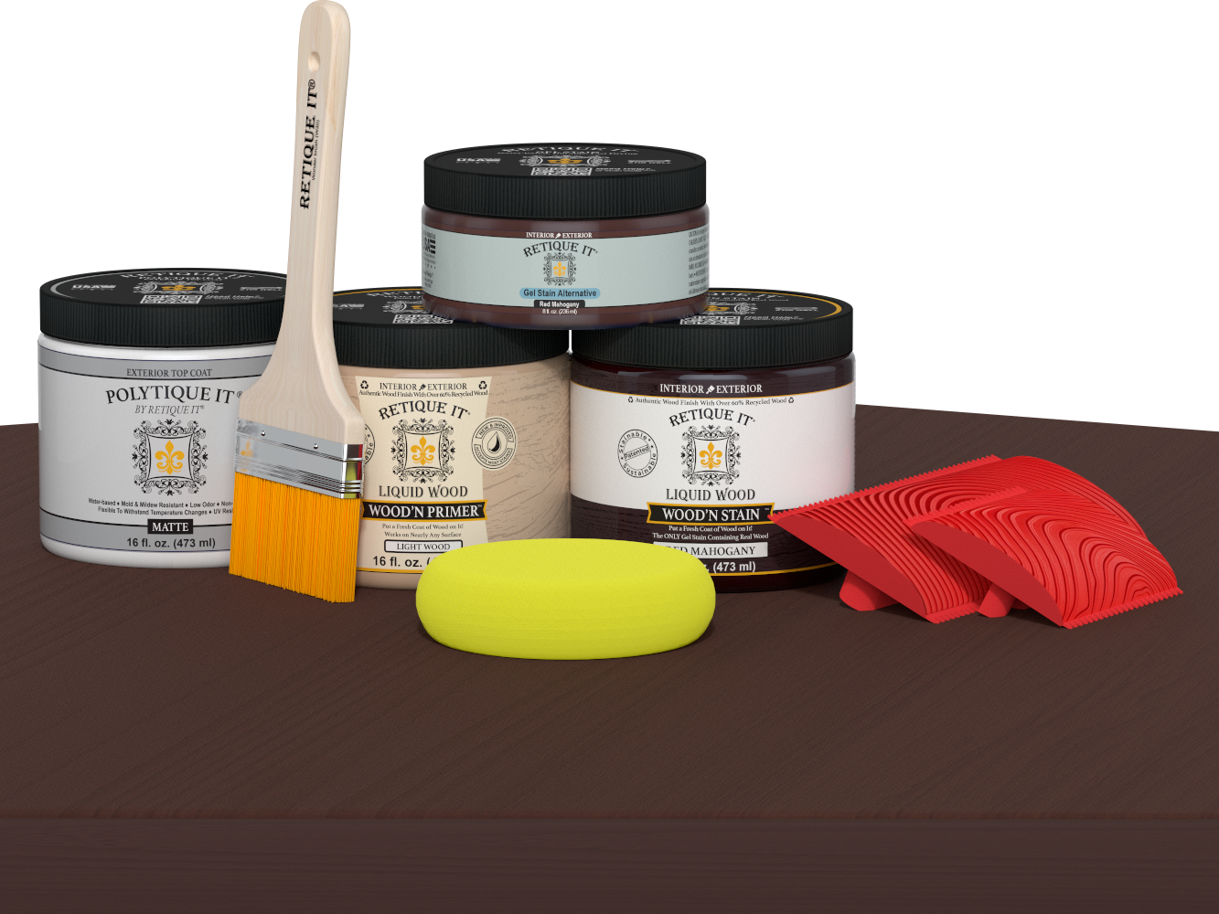 Retique It® Wood'n Finish Kit in Red Mahogany for exterior top coat, shown on a wooden table with a matte finish.