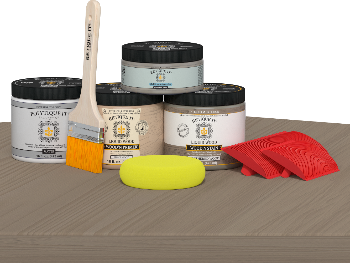 Retique It® Wood'n Kit in Weathered Wood finish, featuring a matte exterior top coat applied on a table surface.