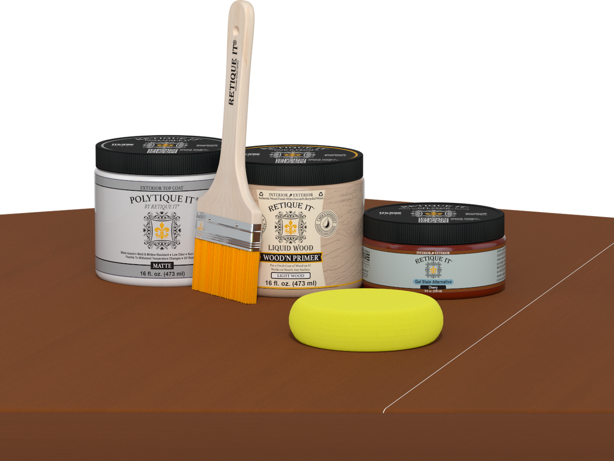 Retique It® Cherry Brush-On Kit with Matte PolyTique® includes a brush, Light Wood primer, Cherry Gel Stain Alternative, Matte PolyTique® top coat, and a yellow sponge.