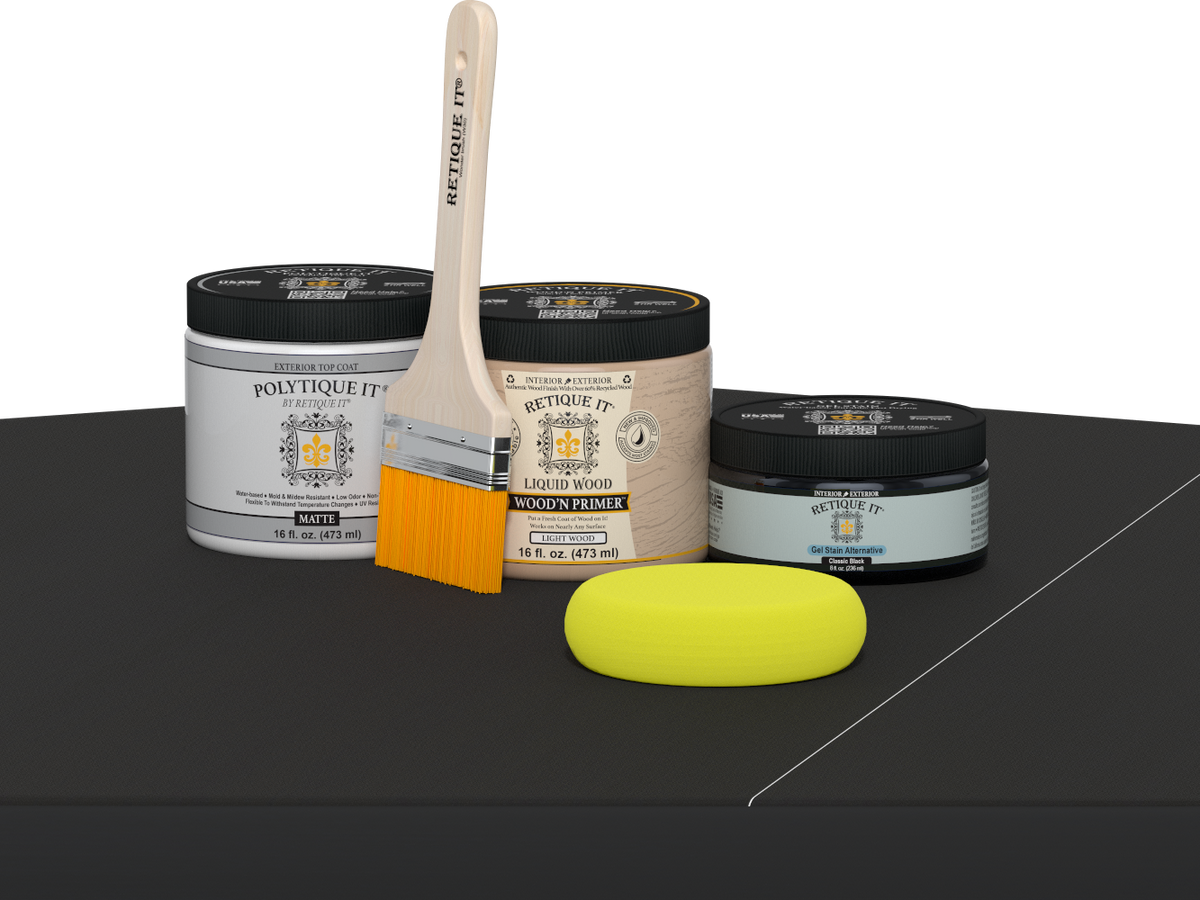 Retique It® Classic Black Brush-On Kit with Matte PolyTique® includes a brush, Light Wood primer, Classic Black Gel Stain Alternative, Matte PolyTique® top coat, and a yellow sponge.