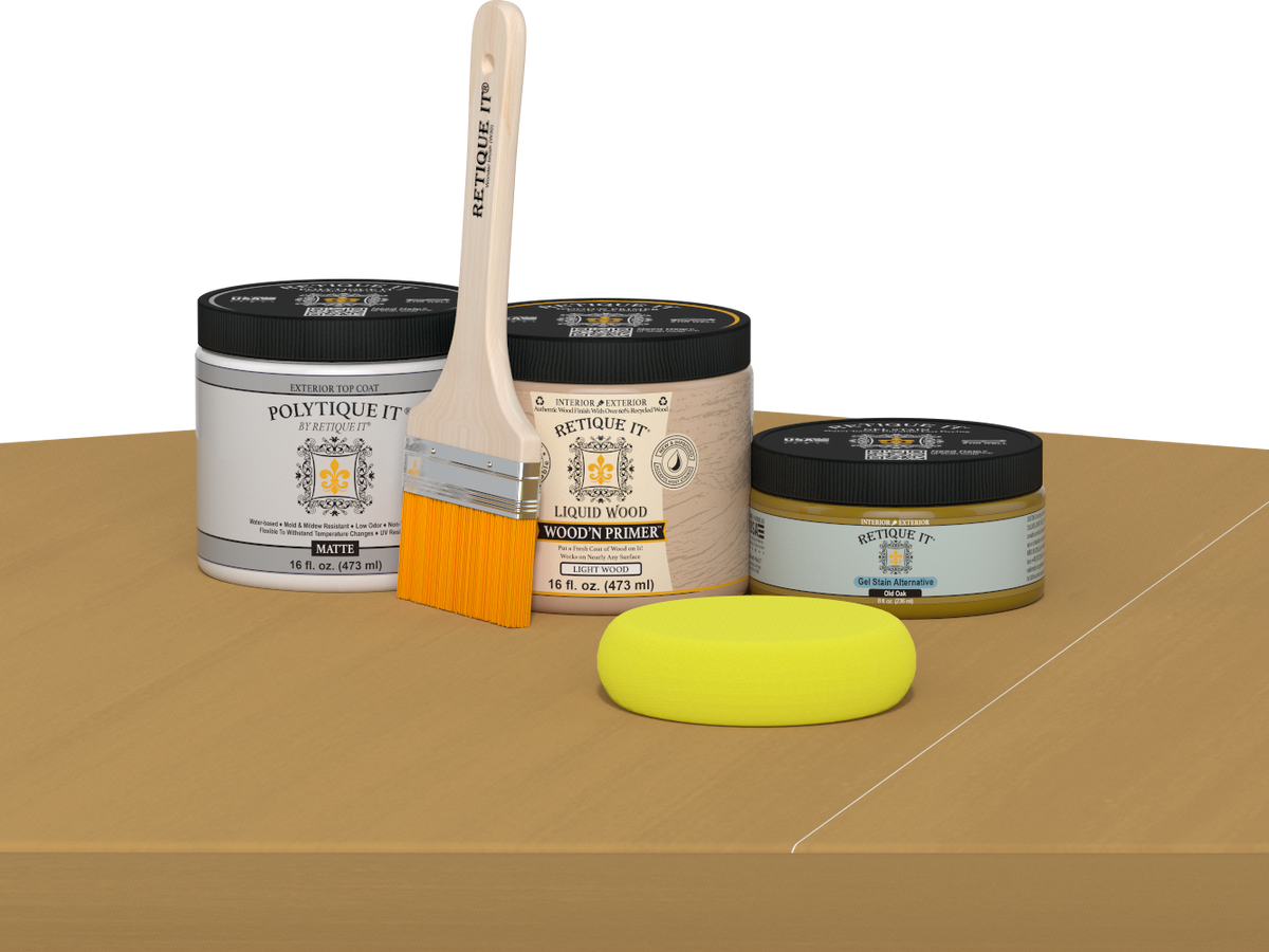 Retique It® Old Oak Brush-On Kit with Matte PolyTique® includes a brush, Light Wood primer, Old Oak Gel Stain Alternative, Matte PolyTique® top coat, and a yellow sponge.