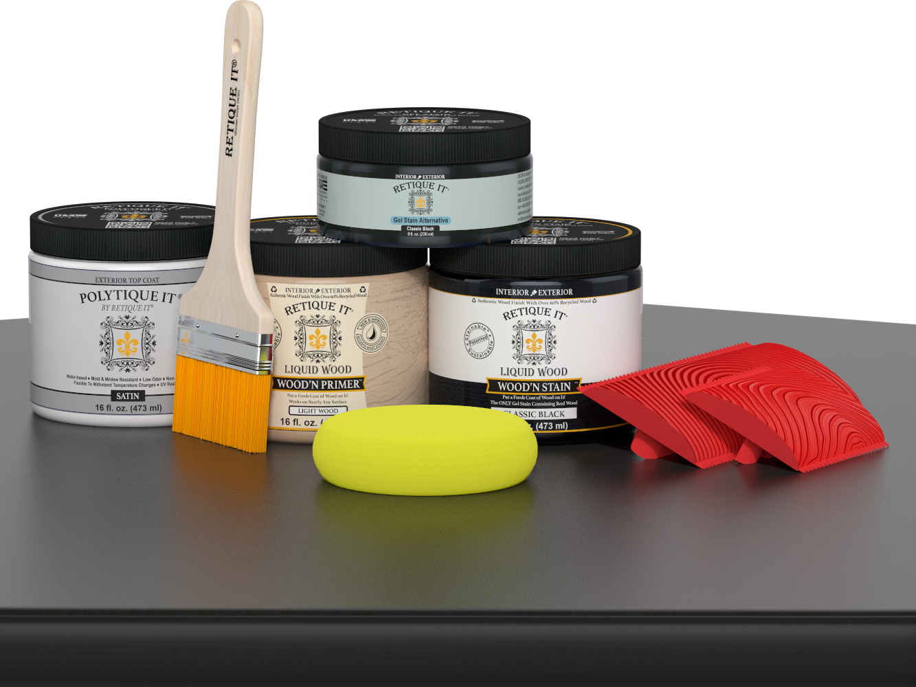 Retique It® Multi-purpose Smooth Finish Kit in Classic Black for wood, showing a satin black exterior top coat on a table.
