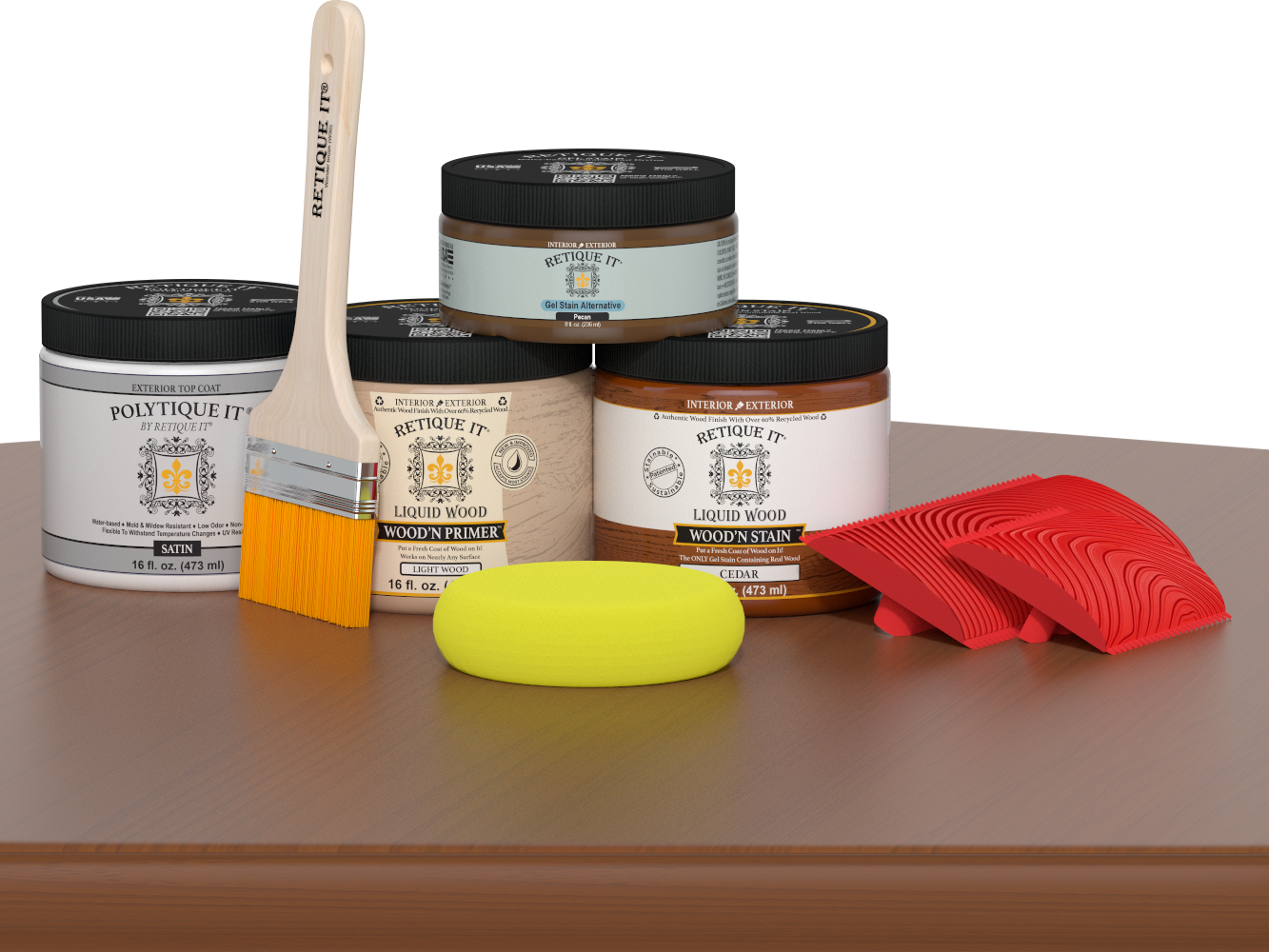 Retique It® Wood'n Finish Kit in cedar, medium size, with satin exterior top coat applied to a wooden table surface.