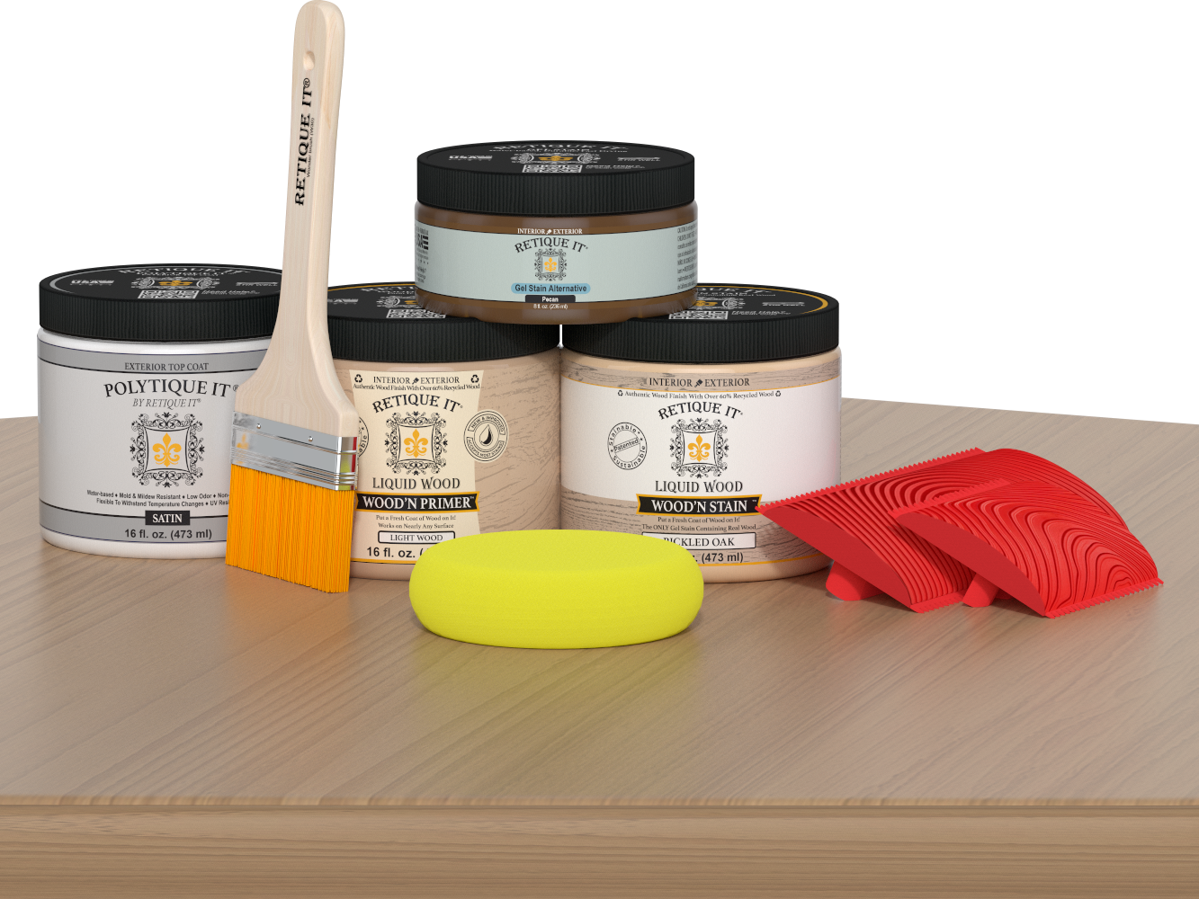 Retique It® Wood'n Finish Kit in Pickled Oak for exterior use, satin top coat applied on wooden table surface.