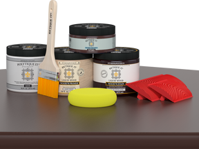 Retique It® Wood'n Finish Kit in Red Mahogany for exterior wood projects, featuring satin top coat on a wooden surface.