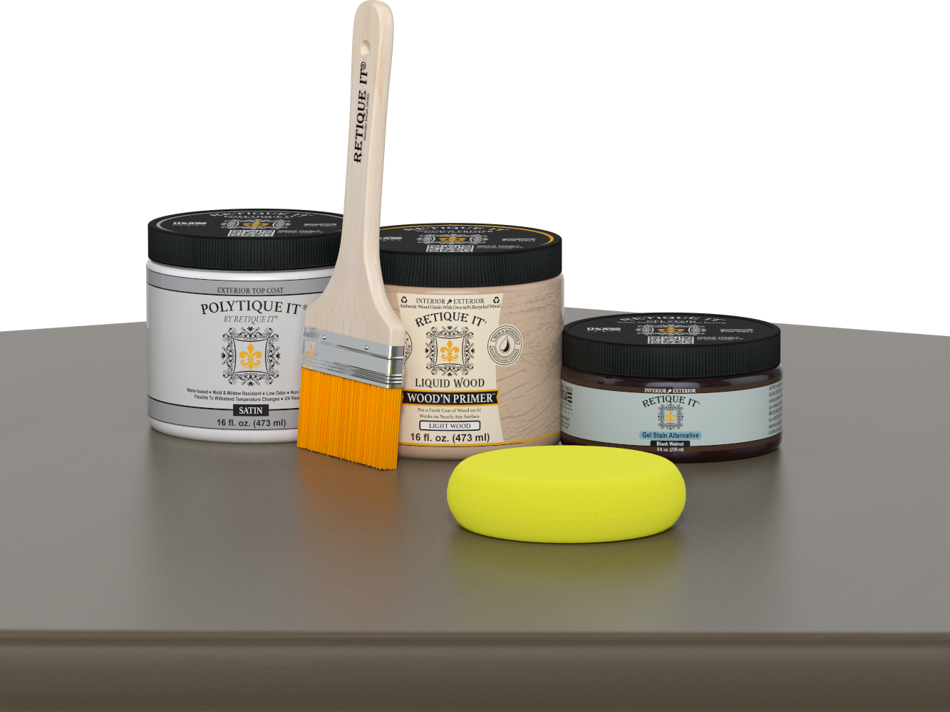 Retique It® Black Walnut Brush-On Kit with Satin PolyTique® includes a brush, Light Wood primer, Black Walnut Gel Stain Alternative, Satin PolyTique® top coat, and a yellow sponge.
