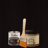 Retique It liquid wood kit with ebony oil-based stain applied to wood surface, showcasing natural wood grain and stain finish.