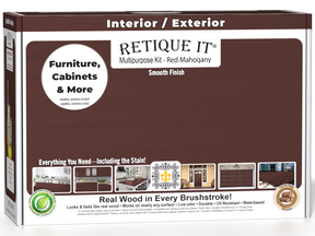 Retique It® Multi-purpose Smooth Finish Kit in Red Mahogany for exterior wood, with wood top coat and finishing supplies.