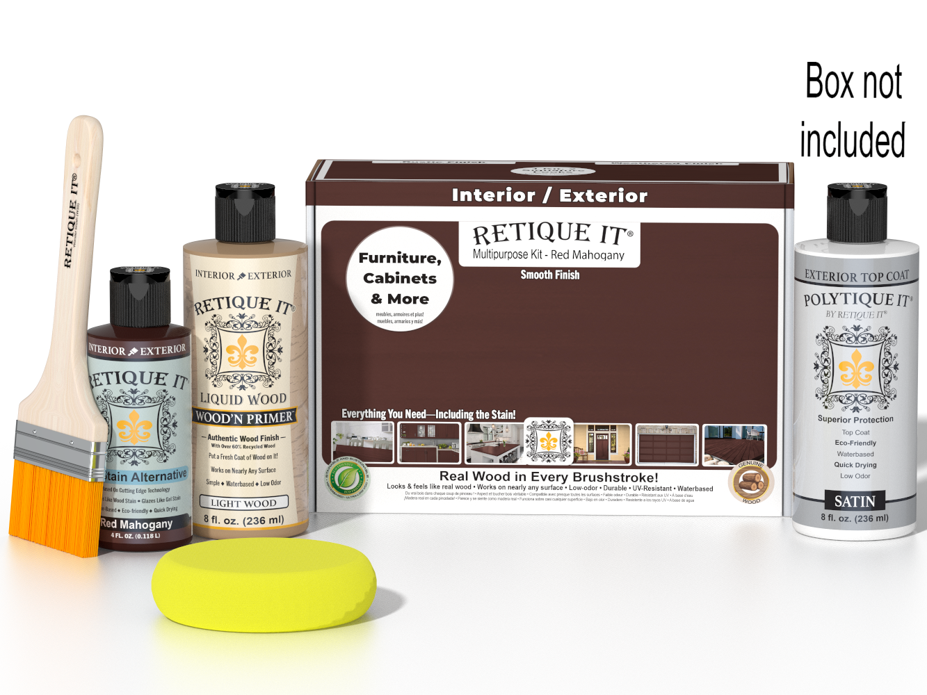 Retique It® Multi-purpose Smooth Finish Kit in Red Mahogany for exterior wood top coat, includes wood finish and application tools.