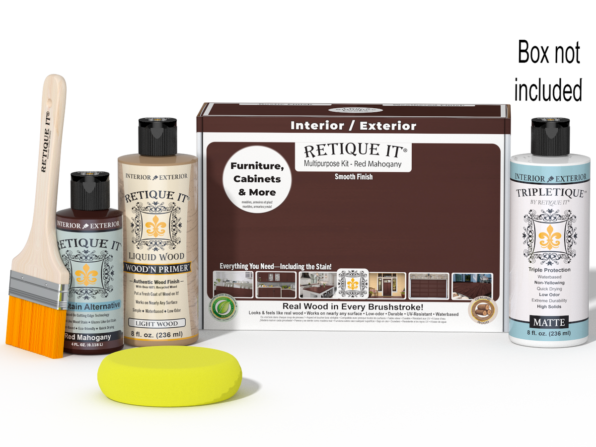 Retique It® Multi-purpose Smooth Finish Kit in Red Mahogany for interior wood projects, includes top coat and application tools.