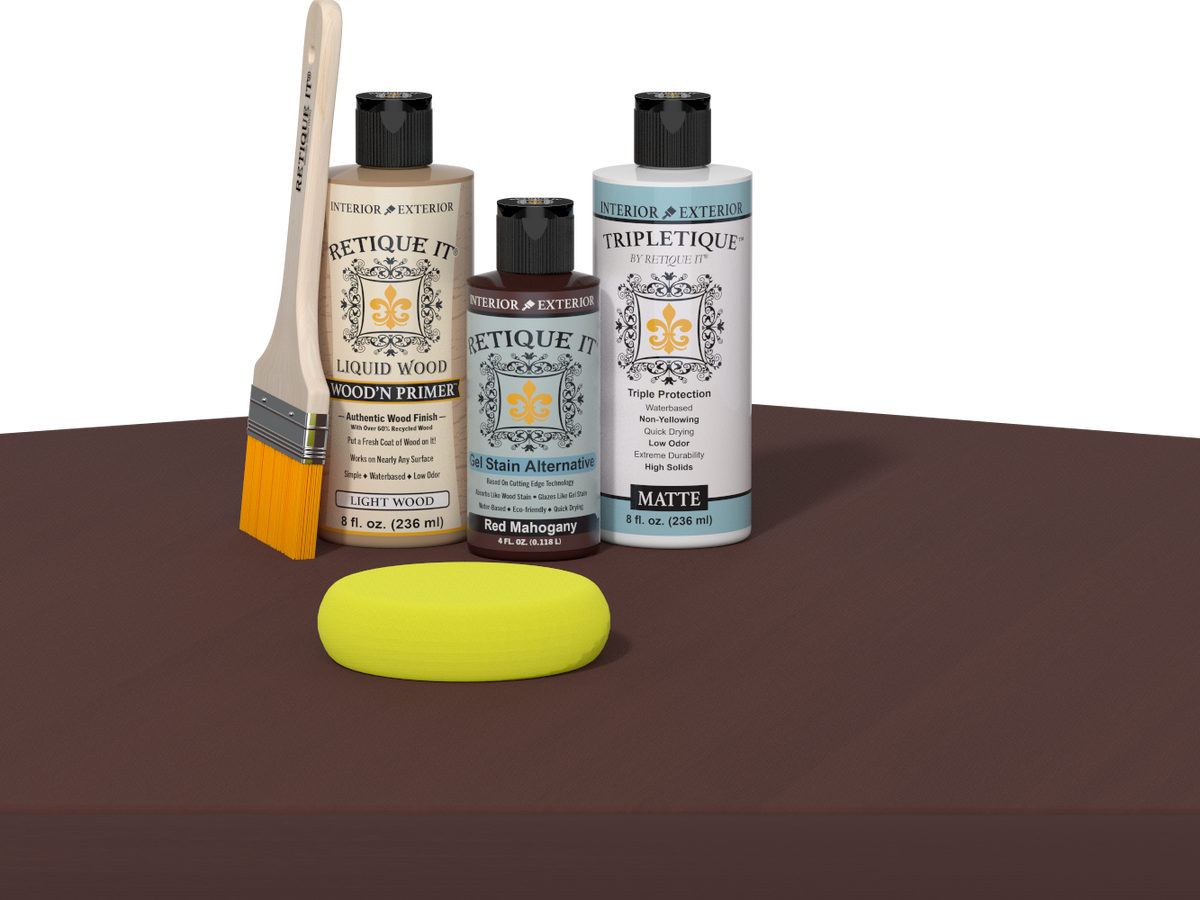 Retique It® Multi-purpose Smooth Finish Kit in Red Mahogany for interior wood furniture, includes top coat and applicator tools.