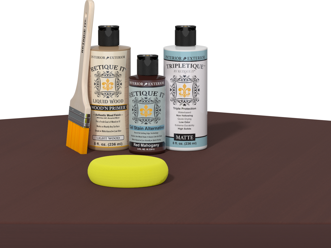 Retique It® Multi-purpose Smooth Finish Kit in Red Mahogany for interior wood furniture, includes top coat and applicator tools.
