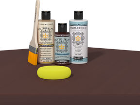 Retique It® Multi-purpose Smooth Finish Kit in Red Mahogany for interior wood furniture, includes top coat and applicator tools.