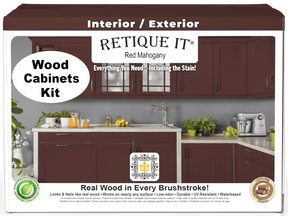 Red mahogany stained wood cabinet kit with 48 smooth doors, designed for kitchen or storage installation by Retique It®.