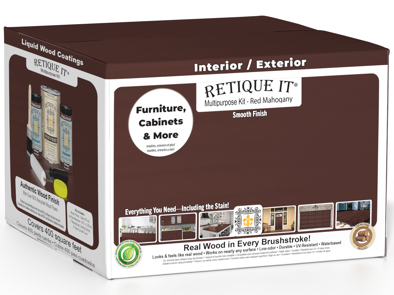 Retique It® Multi-purpose Smooth Finish Kit in Red Mahogany for exterior wood, includes four large wood finish top coat bottles.