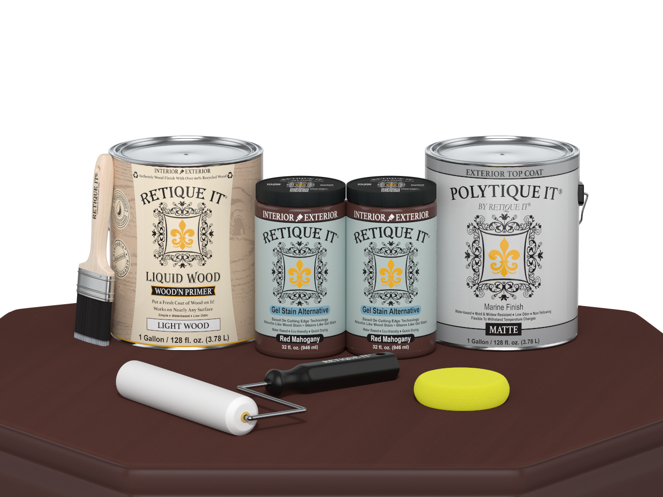 Retique It® wood finish kit with four large red mahogany exterior top coat bottles and matte wood surface, for multi-purpose use.