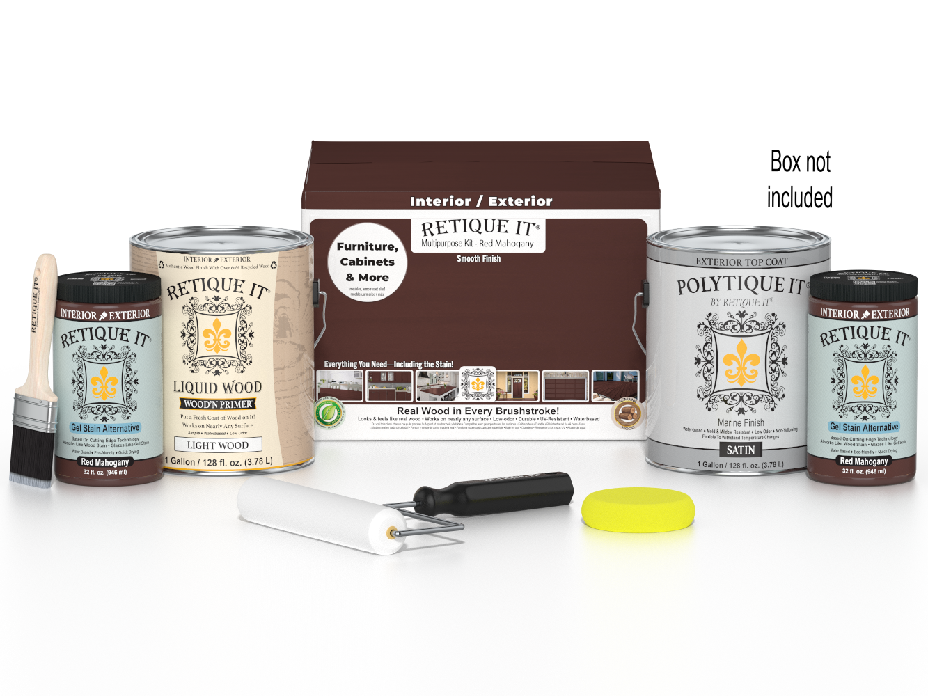 Retique It® Multi-purpose Smooth Finish Kit in Red Mahogany for exterior wood, featuring four large wood finish top coats.