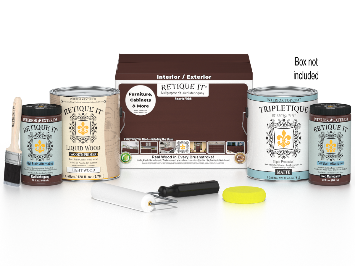 Retique It® Multi-purpose Smooth Finish Kit in Red Mahogany for interior wood top coating, shown with packaging and wood sample.