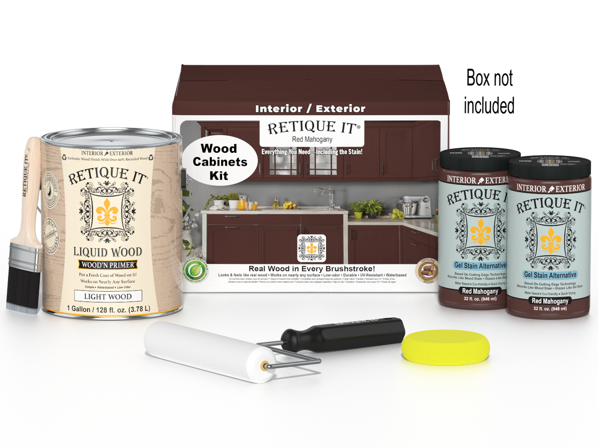 Retique It® Wood'n Cabinet Kit with 48 red mahogany stained doors, smooth finish, for kitchen or bathroom cabinetry.