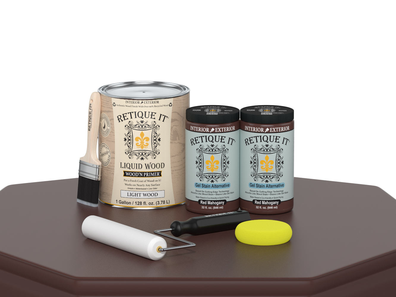 Retique It® Wood'n Cabinet Kit with 48 red mahogany stained cabinet doors, featuring smooth finish and wood stain application