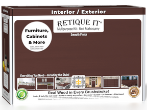 Retique It® Multi-purpose Smooth Finish Kit in Red Mahogany for wood interior top coat, shown in a box with application tools.