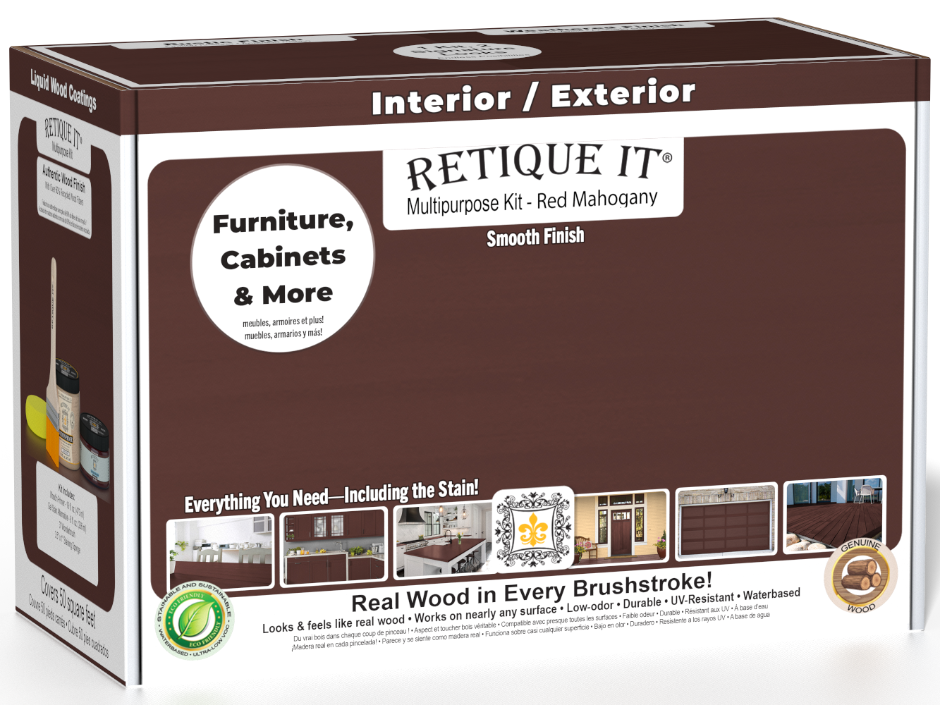 Retique It® Multi-purpose Smooth Finish Kit in Red Mahogany for interior wood top coating, includes all application tools.