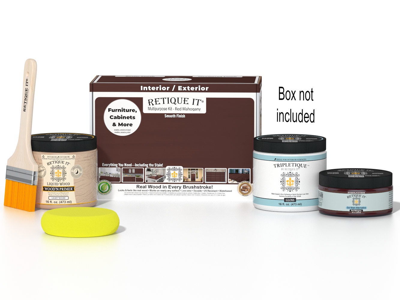 Retique It® Multi-purpose Smooth Finish Kit in Red Mahogany for interior wood projects, includes top coat and application tools.