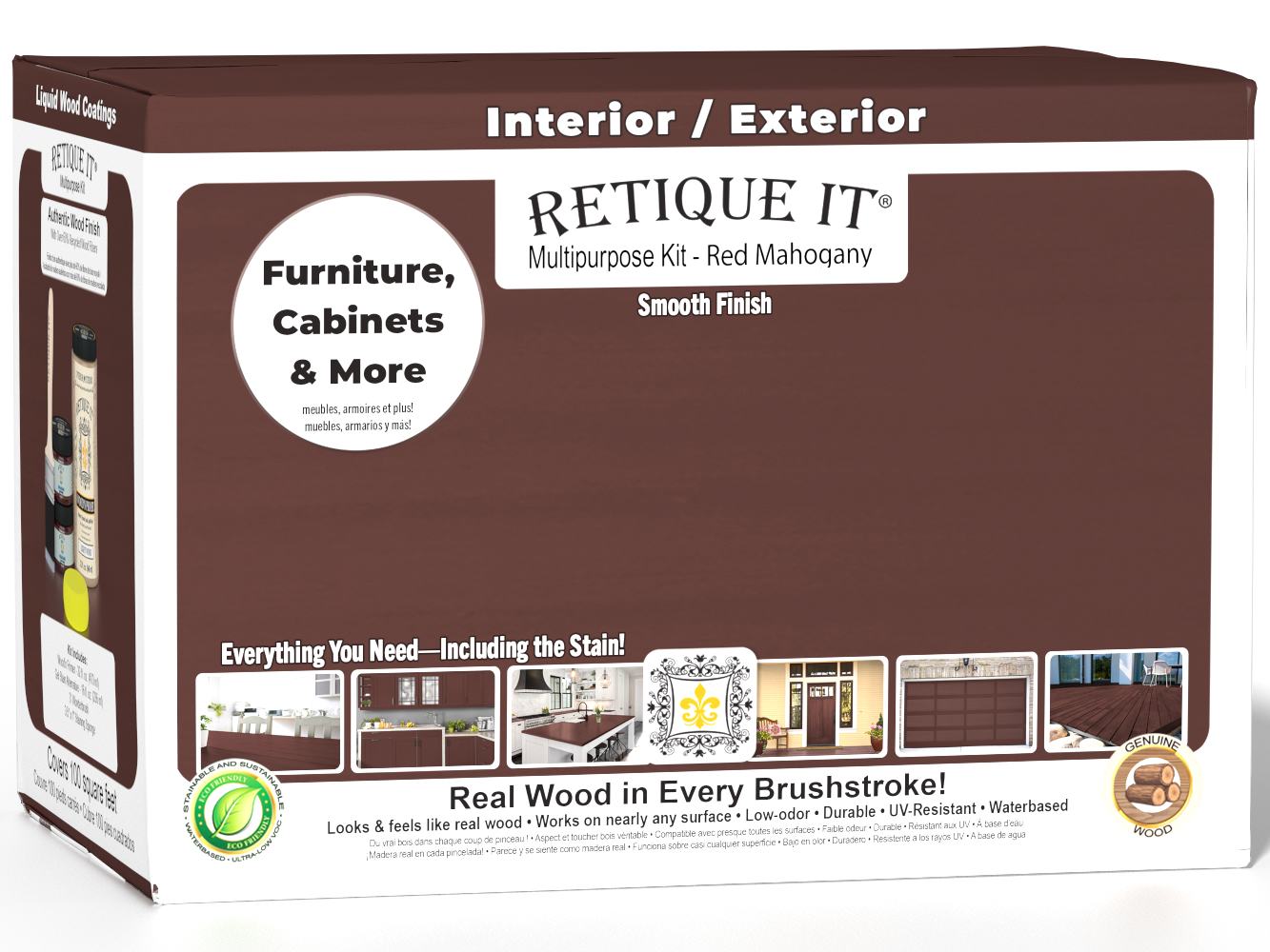Large Red Mahogany Wood'n Finish Kit by Retique It® for interior wood projects, featuring smooth finish and top coat in a multi-purpose set.