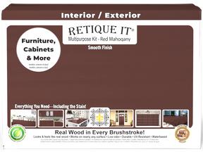 Large Red Mahogany Wood'n Finish Kit by Retique It® featuring smooth finish products in a box with tools and materials.