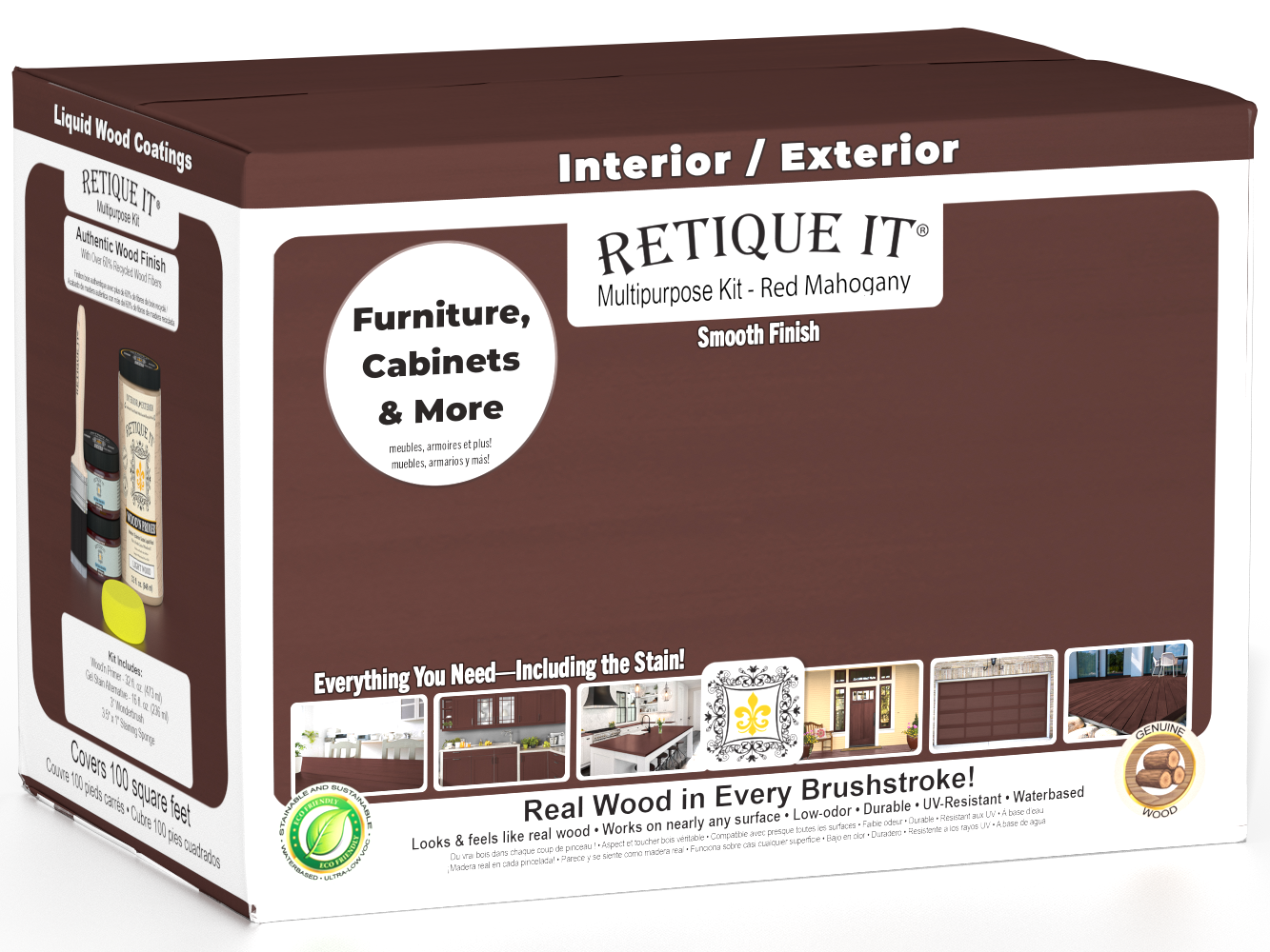 Large Red Mahogany Wood'n Finish Kit by Retique It® with interior top coat and smooth finish for wood furniture.