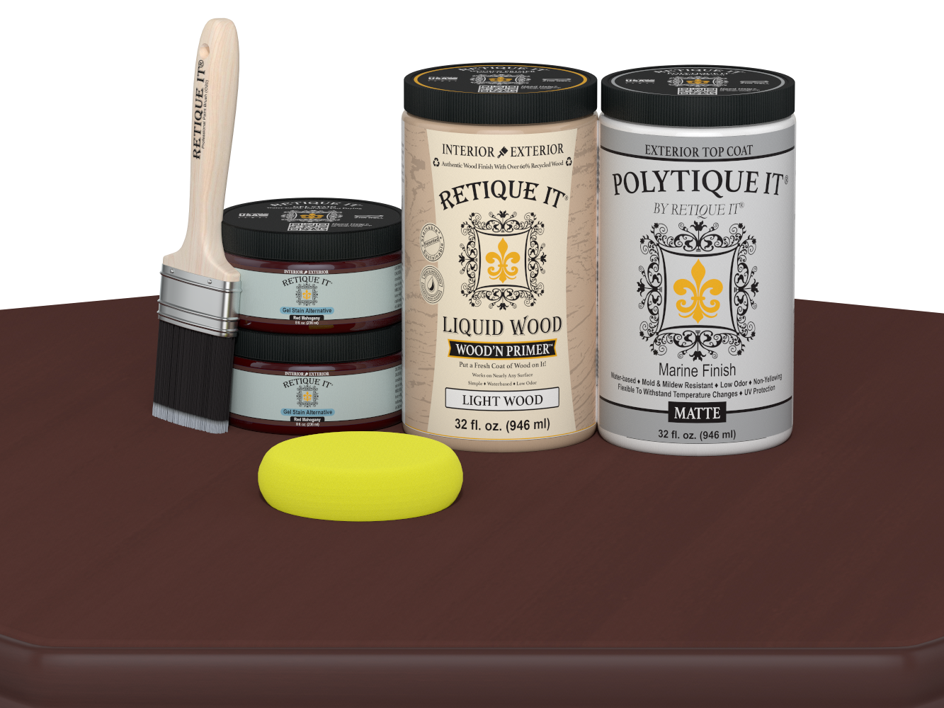 Large Red Mahogany exterior wood finish kit by Retique It® with smooth matte top coat for multi-purpose wood projects.