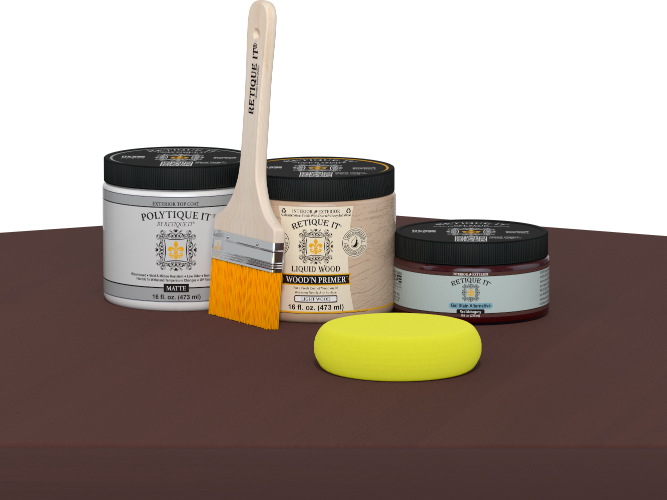 Retique It® Multi-purpose Smooth Finish Kit in Red Mahogany for exterior wood surfaces, includes top coat and application tools.