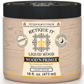 Retique It® Liquid Wood Wood'n Primer in Light Wood finish, 16 fl oz, showing the primer applied to a surface for wood projects