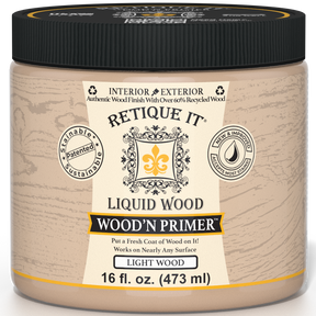 Retique It® Liquid Wood Wood'n Primer in Light Wood finish, 16 fl oz, showing the primer applied to a surface for wood projects