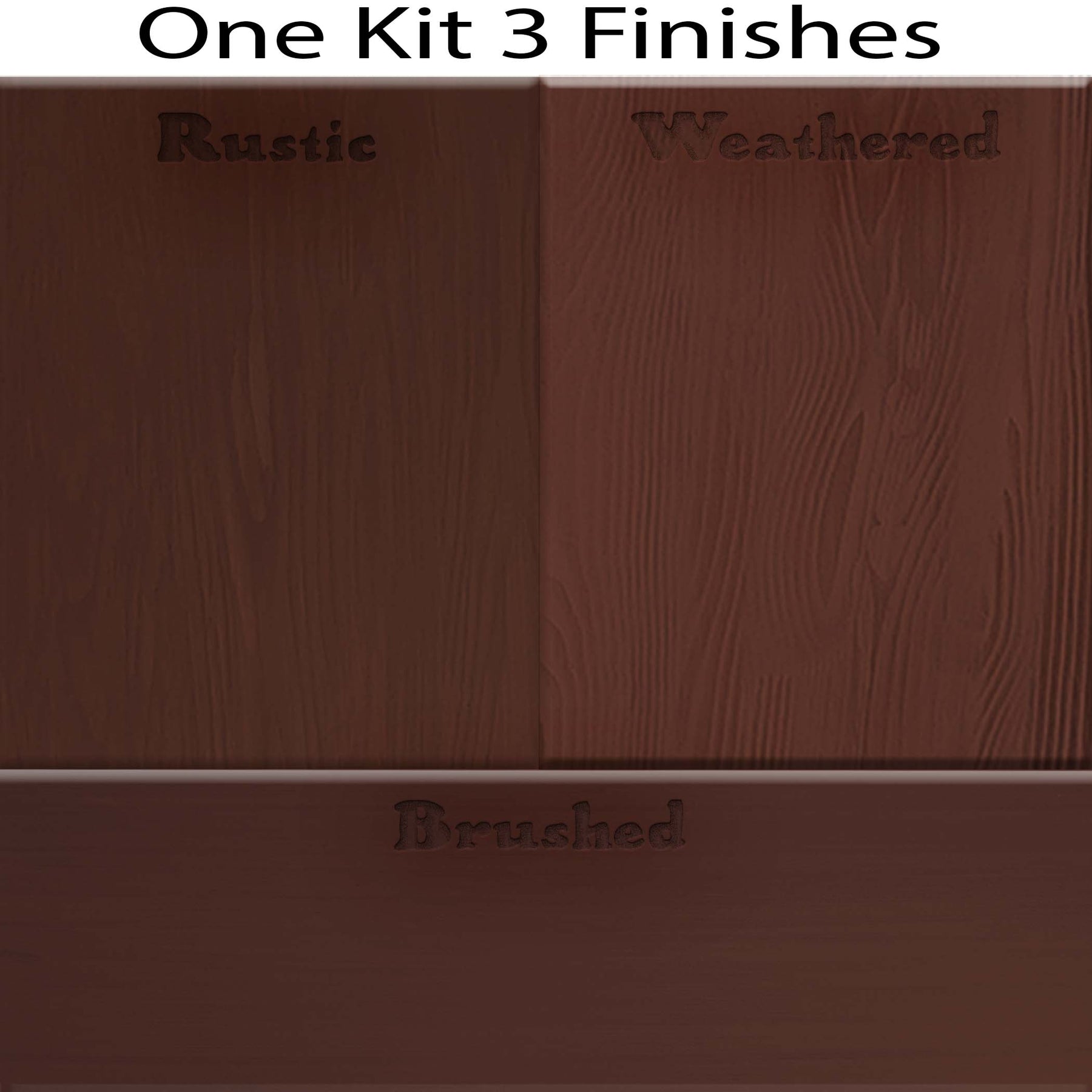 Swatches of Retique It® Wood'n Kit in Red Mahogany showing four large exterior top coat finishes on wood samples.