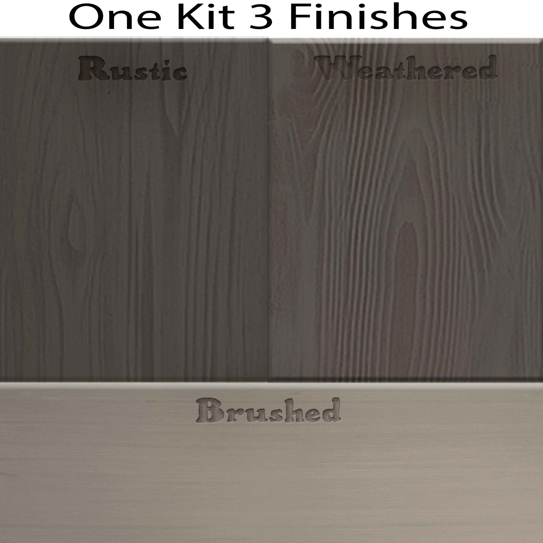 Retique It Wood'n Cabinet Kit swatches in Harbor Gray stain, featuring three finishes on wood grain sample for cabinets.