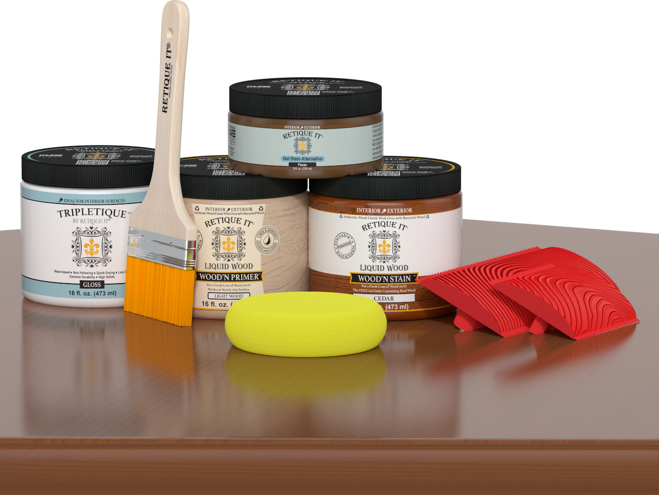 Retique It® Wood'n Kit medium cedar interior top coat applied to a wooden table for a glossy finish.