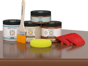 Retique It® Wood'n Kit medium cedar interior top coat applied to a wooden table for a glossy finish.
