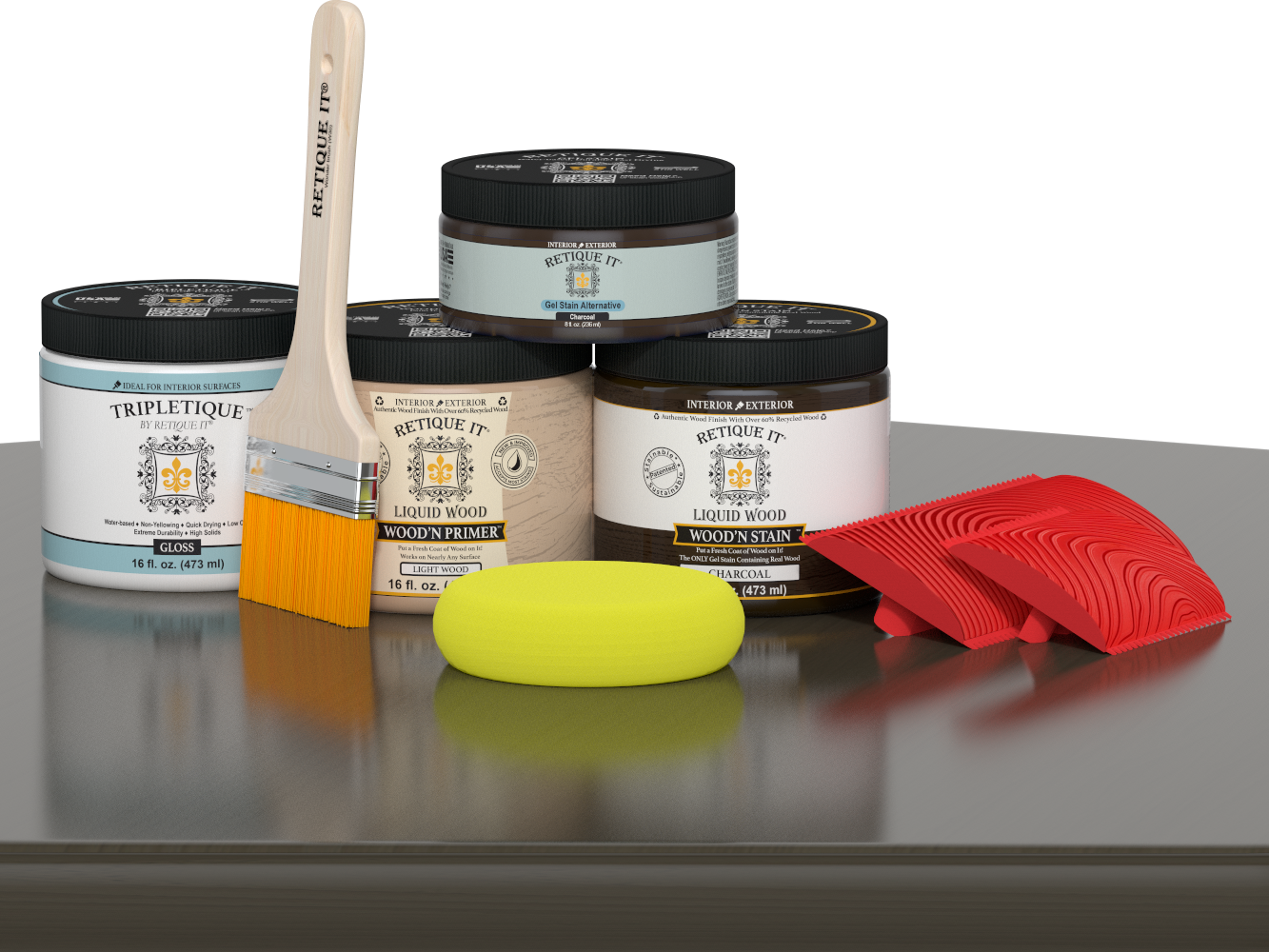 Retique It® Wood'n Finish Kit in charcoal, interior top coat, showing a wood surface with a glossy charcoal finish.