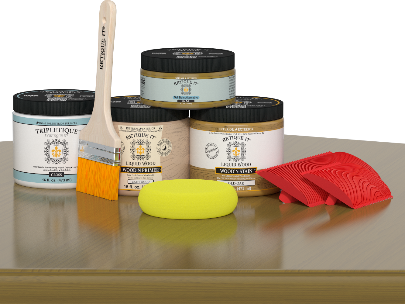 Glossy Old Oak Wood'n Finish Kit for interior wood projects by Retique It® displayed on a table.