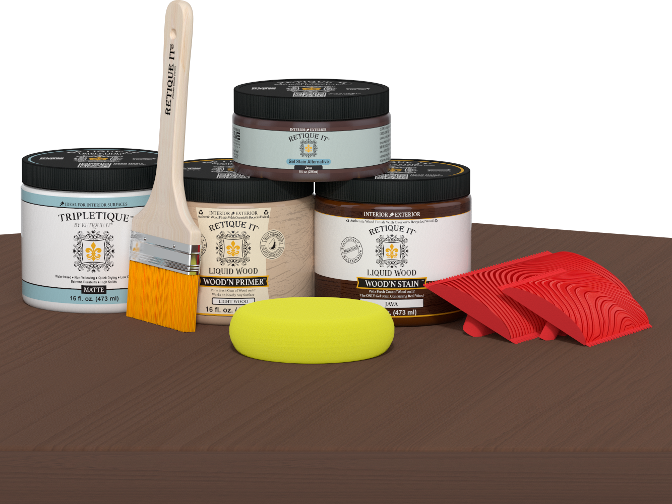 Retique It® Wood'n Kit Java interior top coat on a wooden table, showcasing a matte finish for multi-purpose wood projects.
