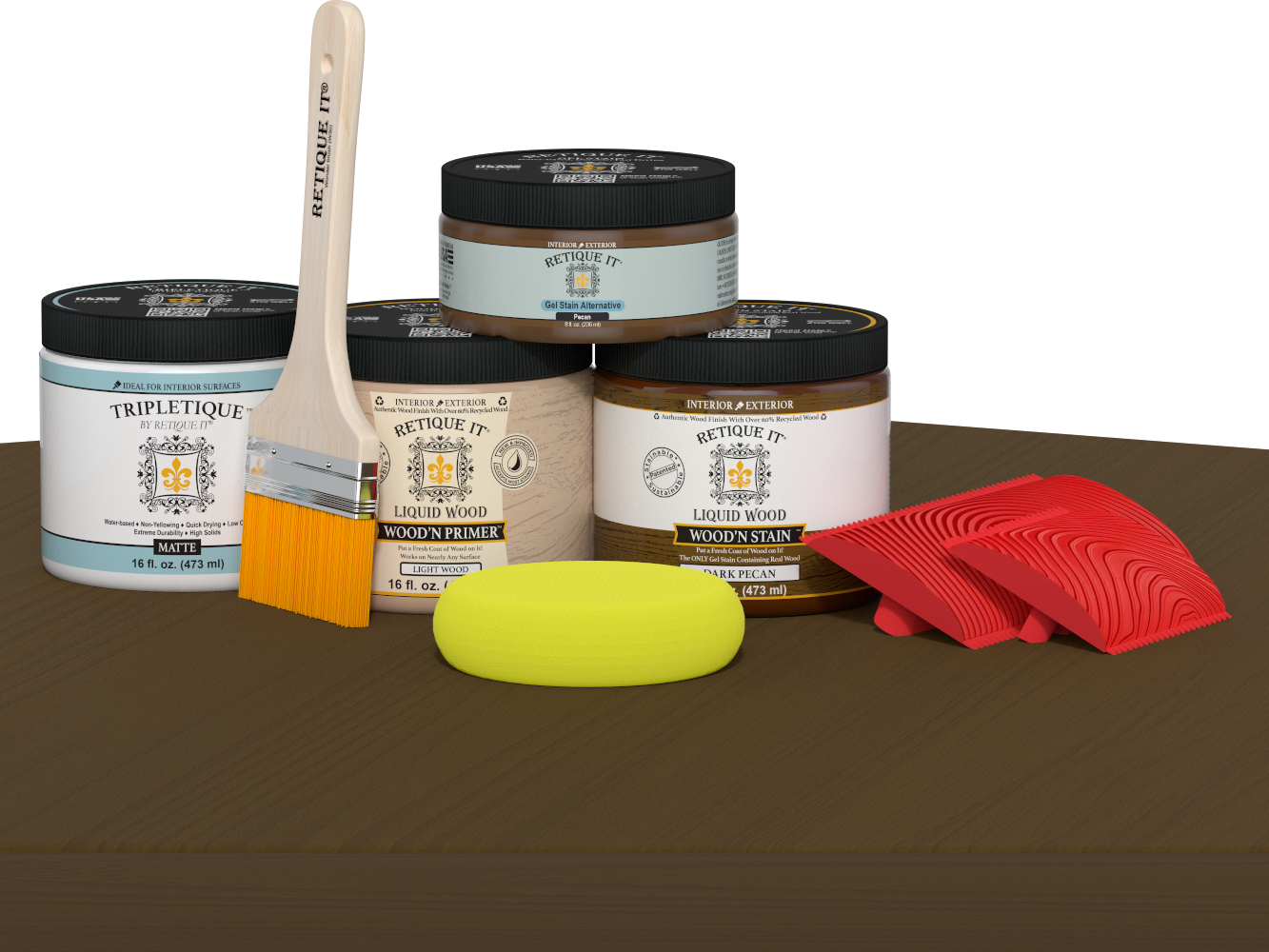 Retique It® Wood'n Kit in Dark Pecan, interior top coat for wood furniture, shown on a table surface with a matte finish.